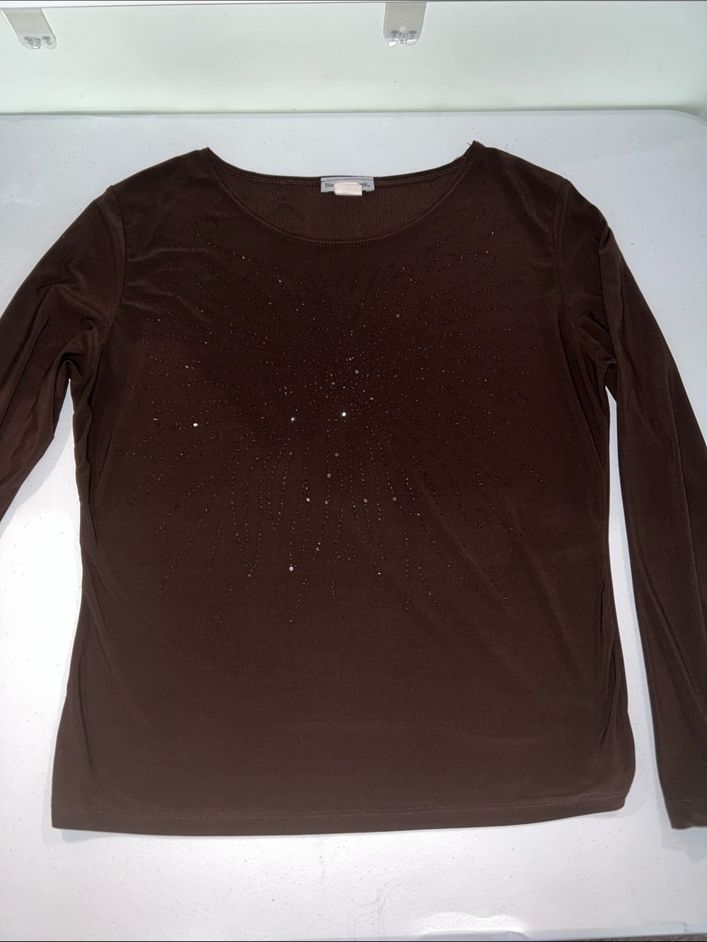 Women's Brown Long-Sleeve Embellished Crew Tee